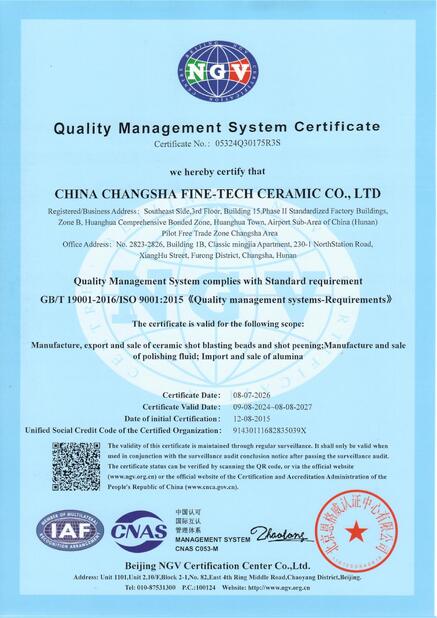 중국 China Changsha Fine-Tech Ceramic Co., Ltd. 인증
